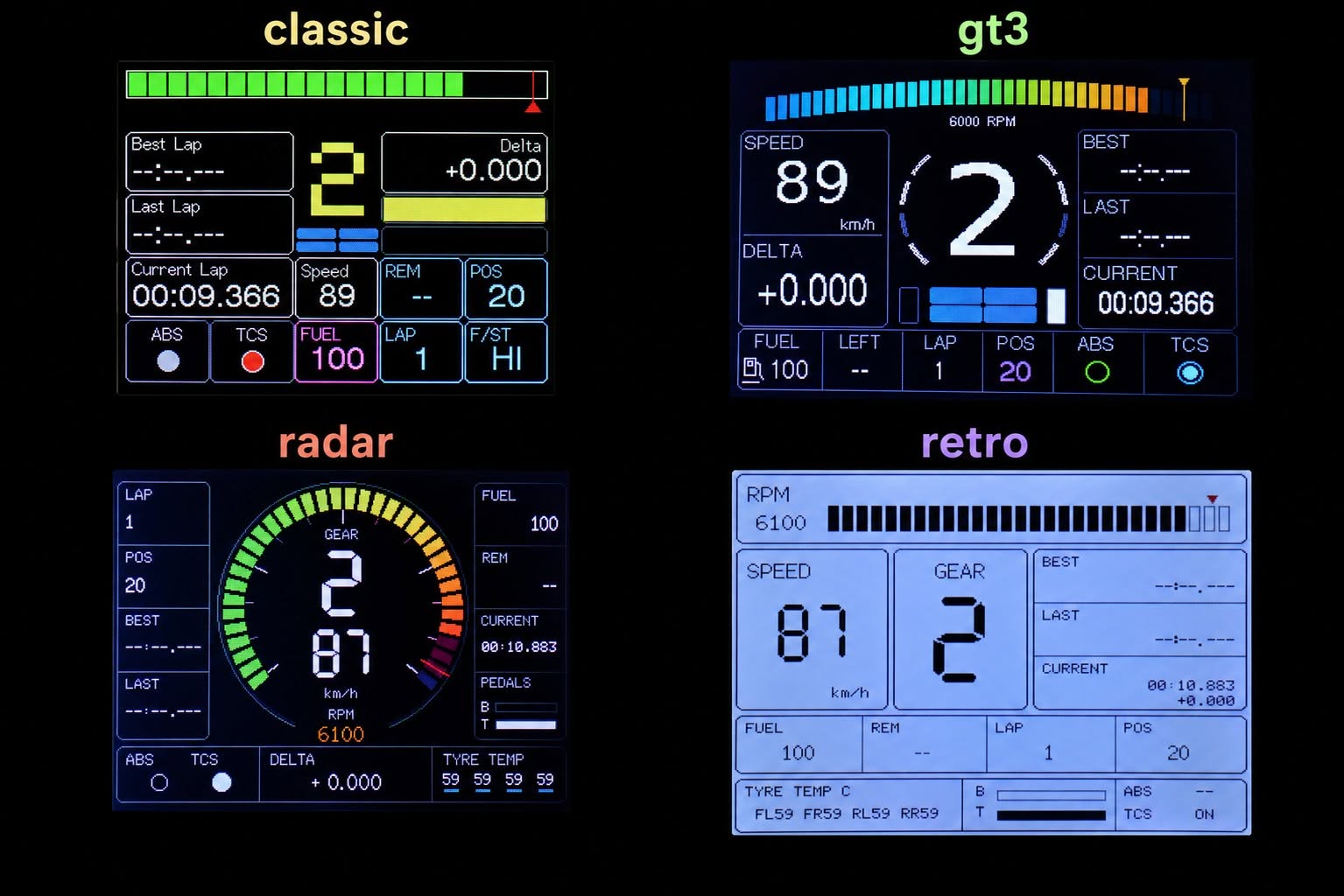 Classic, GT3, Radar and Retro ESP32 GT7 Dashboard themes